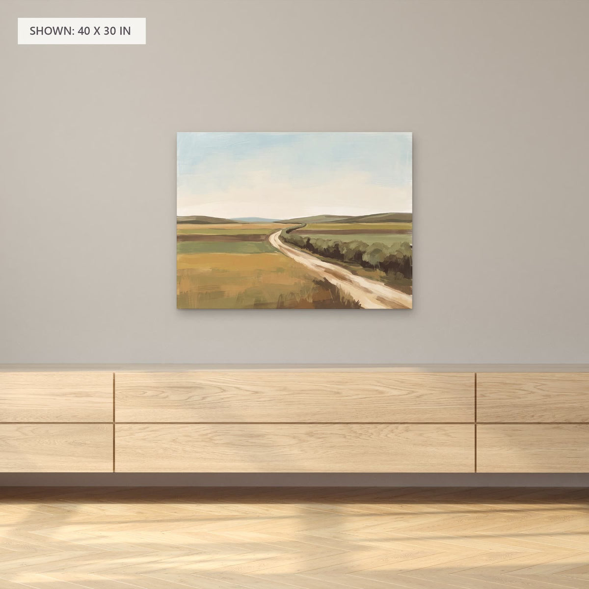 Beyond the Hedgerow canvas, 40 x 30 in, above a pale oak sideboard on a light gray wall; room setting for illustration