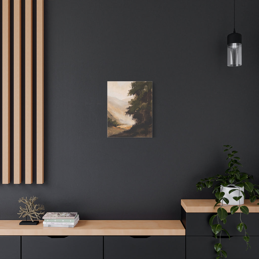 The Wooded Valley canvas, 24 x 36 in, angled view of the mirrored 1.25 in edge