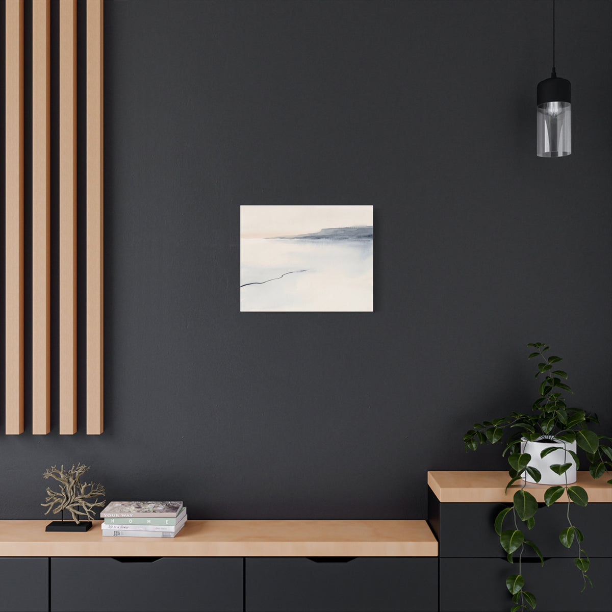 The Far Shore canvas, 36 x 24 in, angled view of the mirrored 1.25 in edge