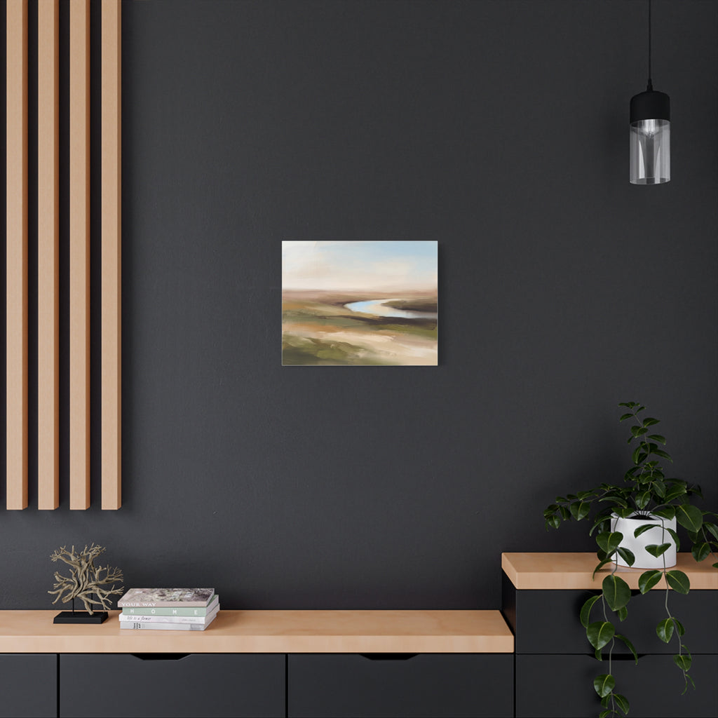 The River Bend canvas, 36 x 24 in, angled view of the mirrored 1.25 in edge