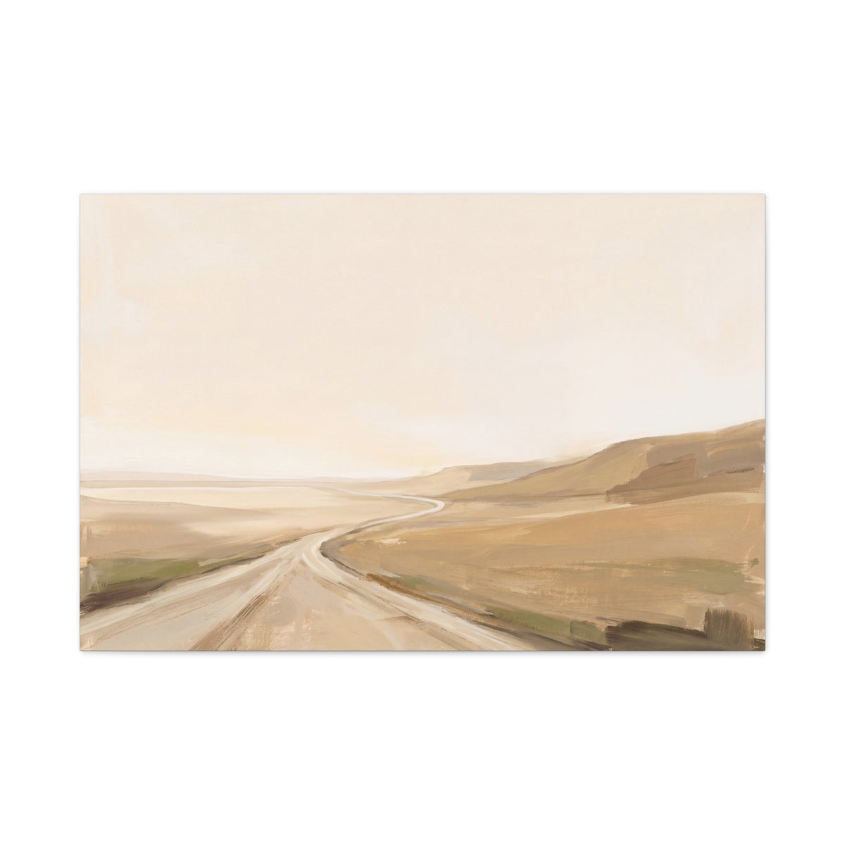 Rolling Fields Under a Pale Sky canvas, 20 x 16 in, angled view of the mirrored 1.25 in edge
