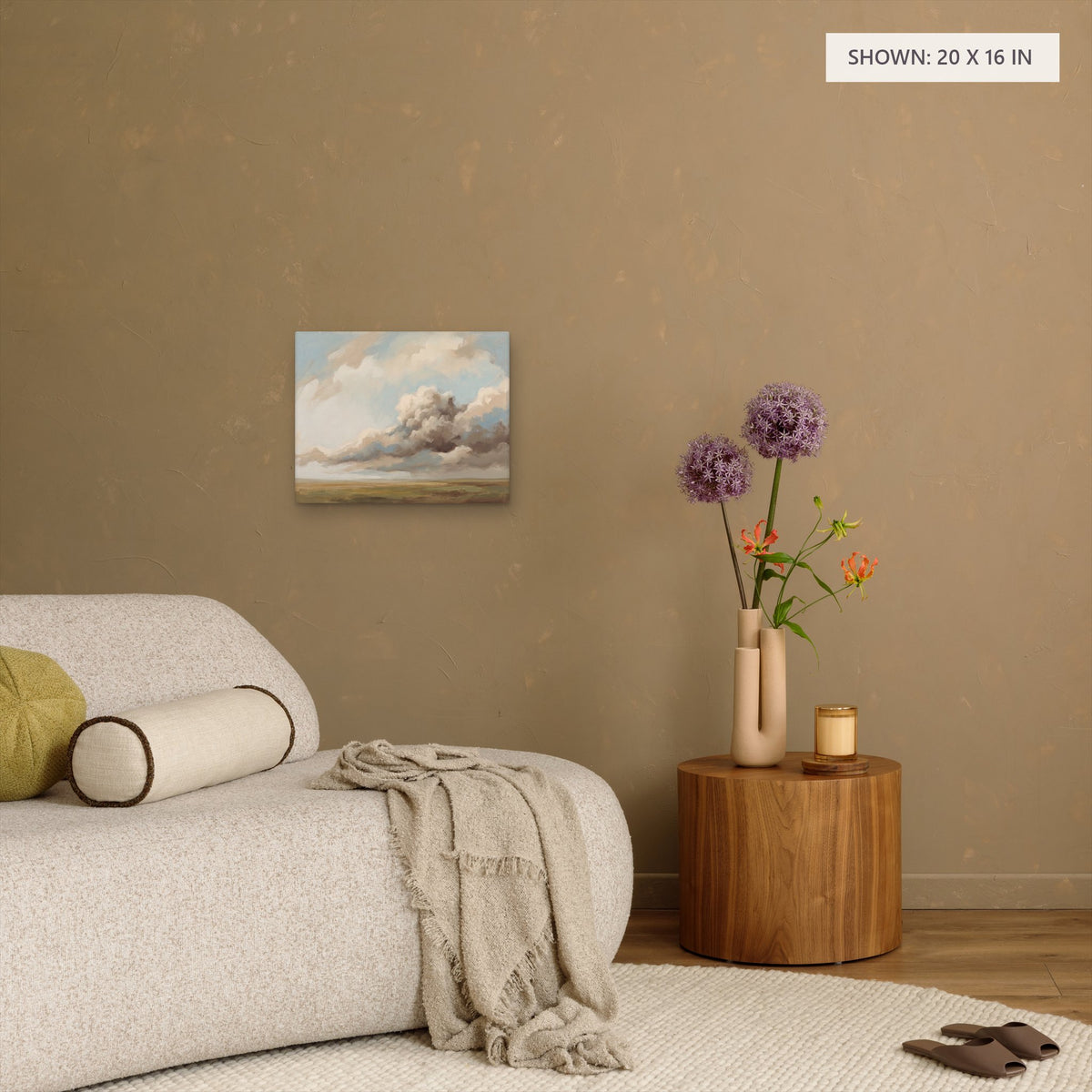 A Wide Harvest Field canvas, 20 x 16 in, above a side table; room setting for illustration