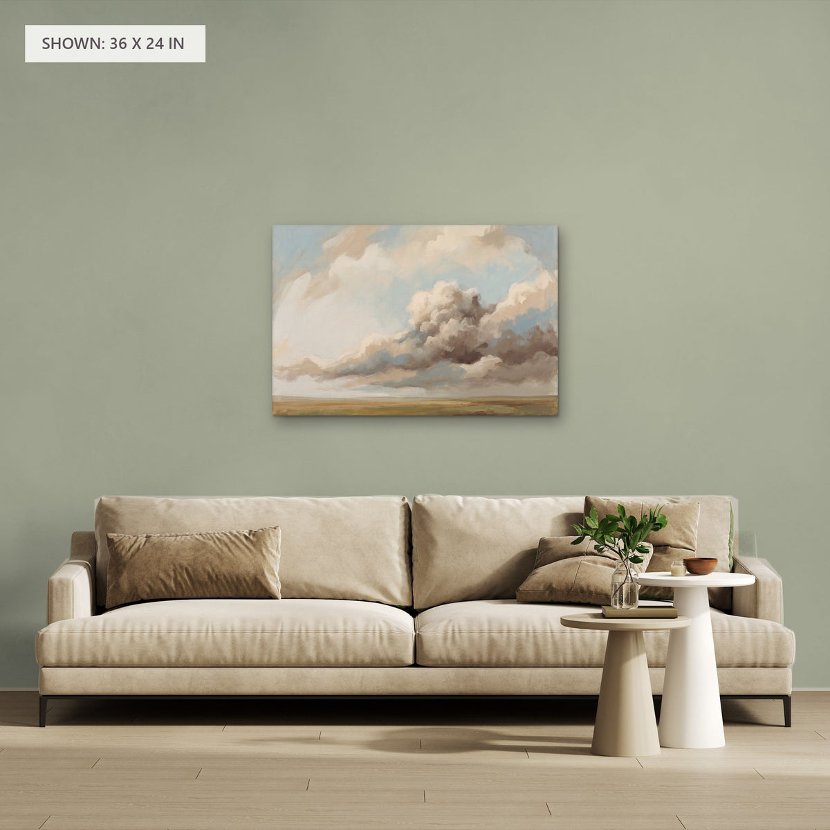 A Wide Harvest Field canvas, 36 x 24 in, above a sofa; room setting for illustration