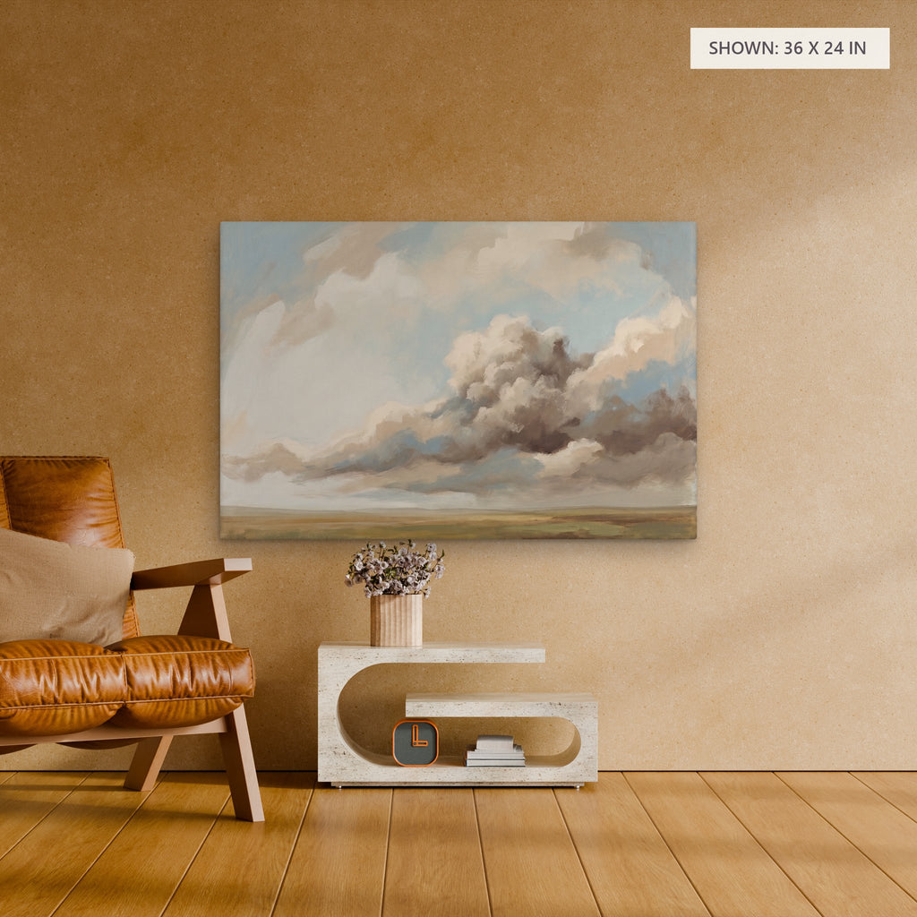 A Wide Harvest Field canvas, 36 x 24 in, above an armchair; room setting for illustration