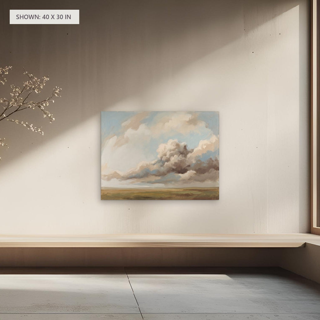 A Wide Harvest Field canvas, 40 x 30 in, above a bench; room setting for illustration