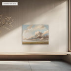 A Wide Harvest Field canvas, 40 x 30 in, above a bench; room setting for illustration