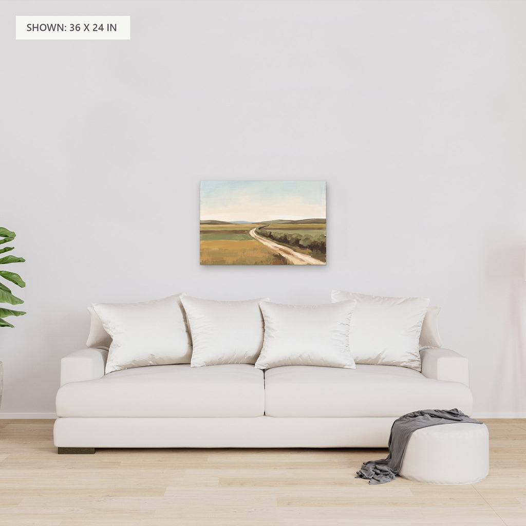 Beyond the Hedgerow canvas, 36 x 24 in, above a sofa; room setting for illustration