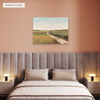 Beyond the Hedgerow canvas, 40 x 30 in, above a bed; room setting for illustration