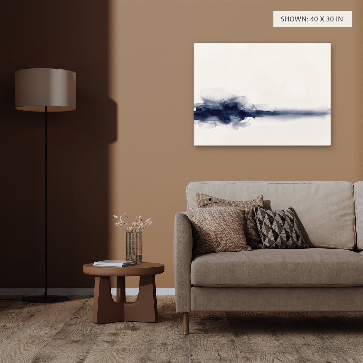 Blue Gray Horizon canvas, 40 x 30 in, above an armchair; room setting for illustration