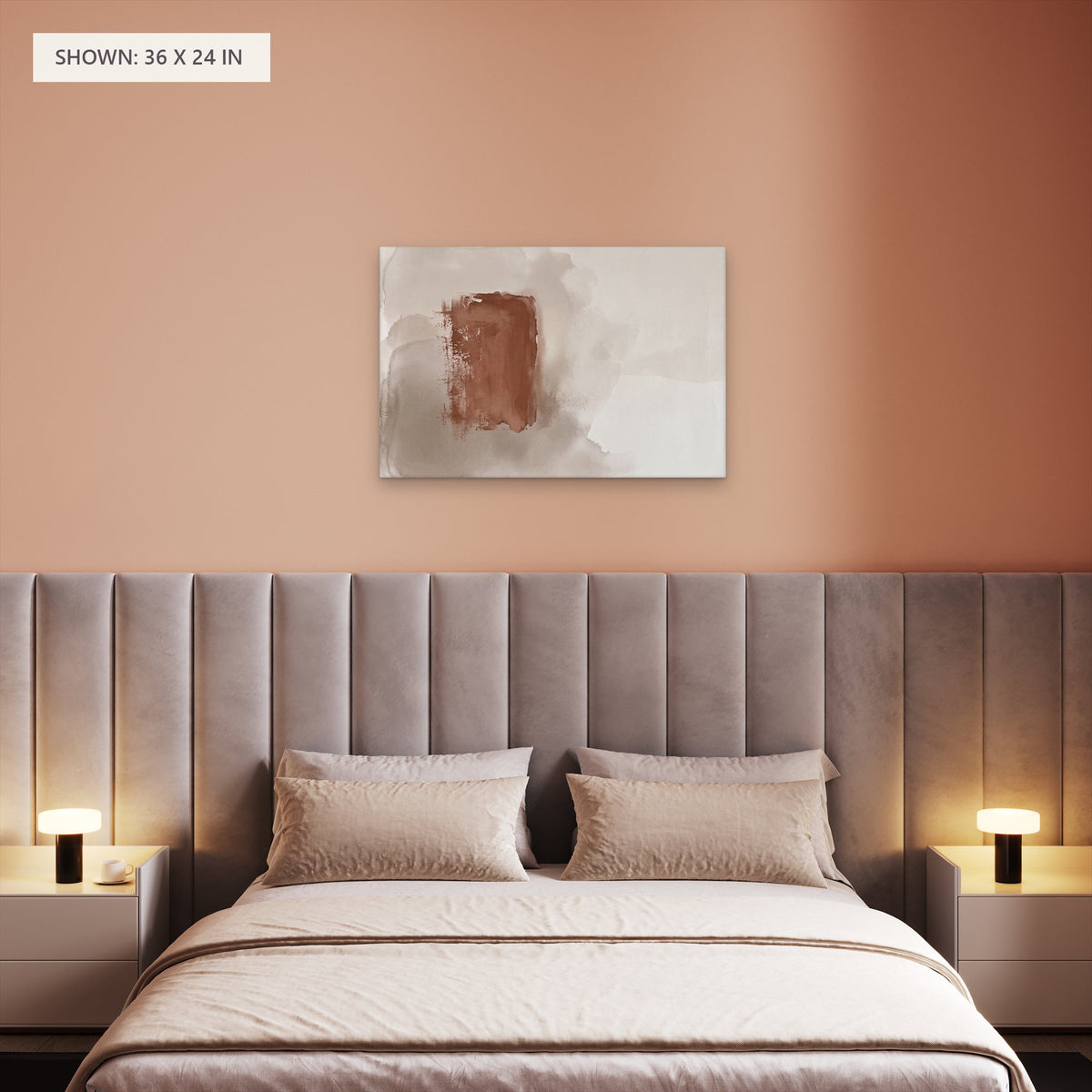 Clay and Silence canvas, 36 x 24 in, above a bed; room setting for illustration
