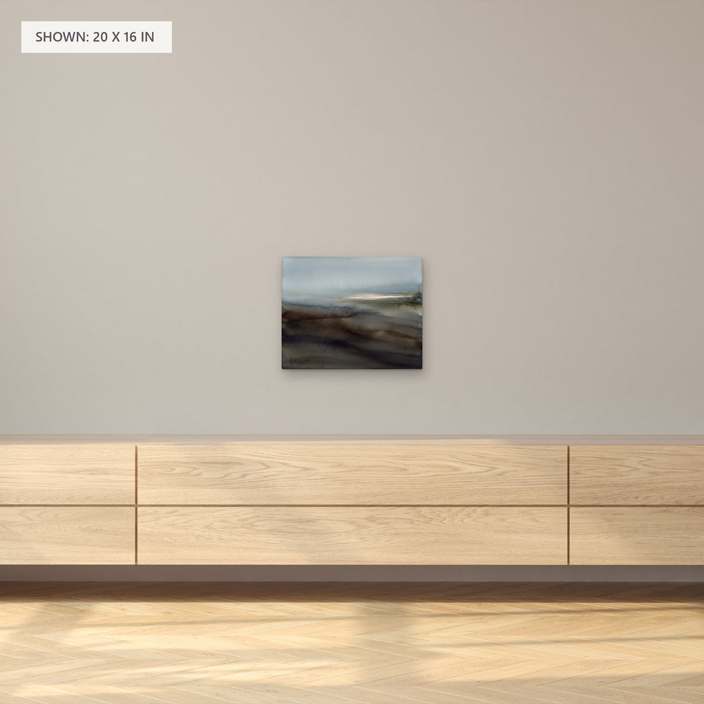 Distant Basin canvas, 20 x 16 in, above a sideboard; room setting for illustration