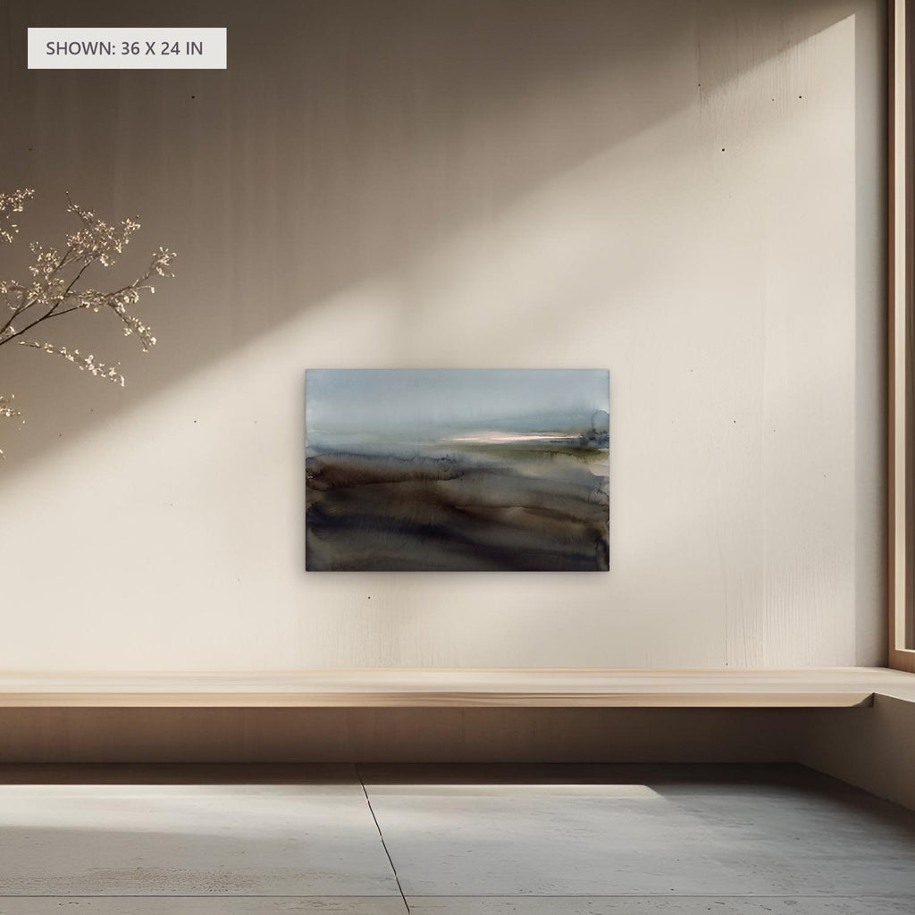 Distant Basin canvas, 36 x 24 in, above a bench; room setting for illustration