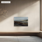 Distant Basin canvas, 36 x 24 in, above a bench; room setting for illustration