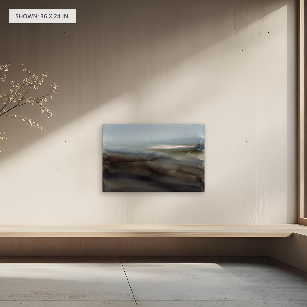 Distant Basin canvas, 36 x 24 in, above a bench; room setting for illustration