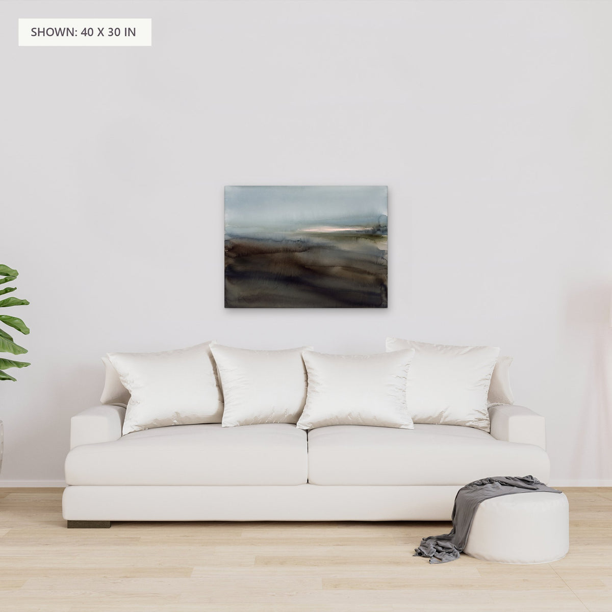 Distant Basin canvas, 40 x 30 in, above a sofa; room setting for illustration