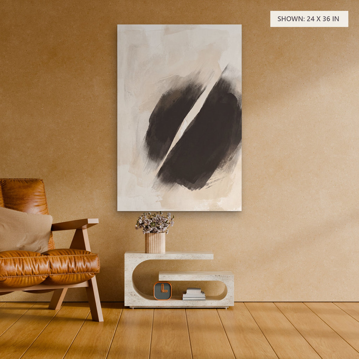 Earthen Forms canvas, 24 x 36 in, above an armchair; room setting for illustration