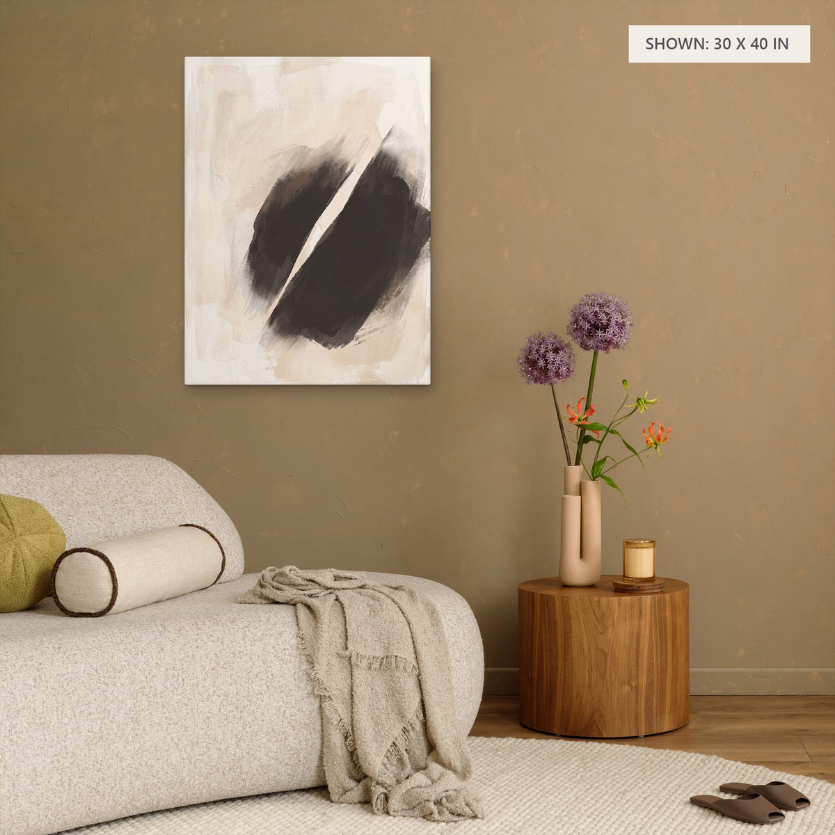 Earthen Forms canvas, 30 x 40 in, above a side table; room setting for illustration