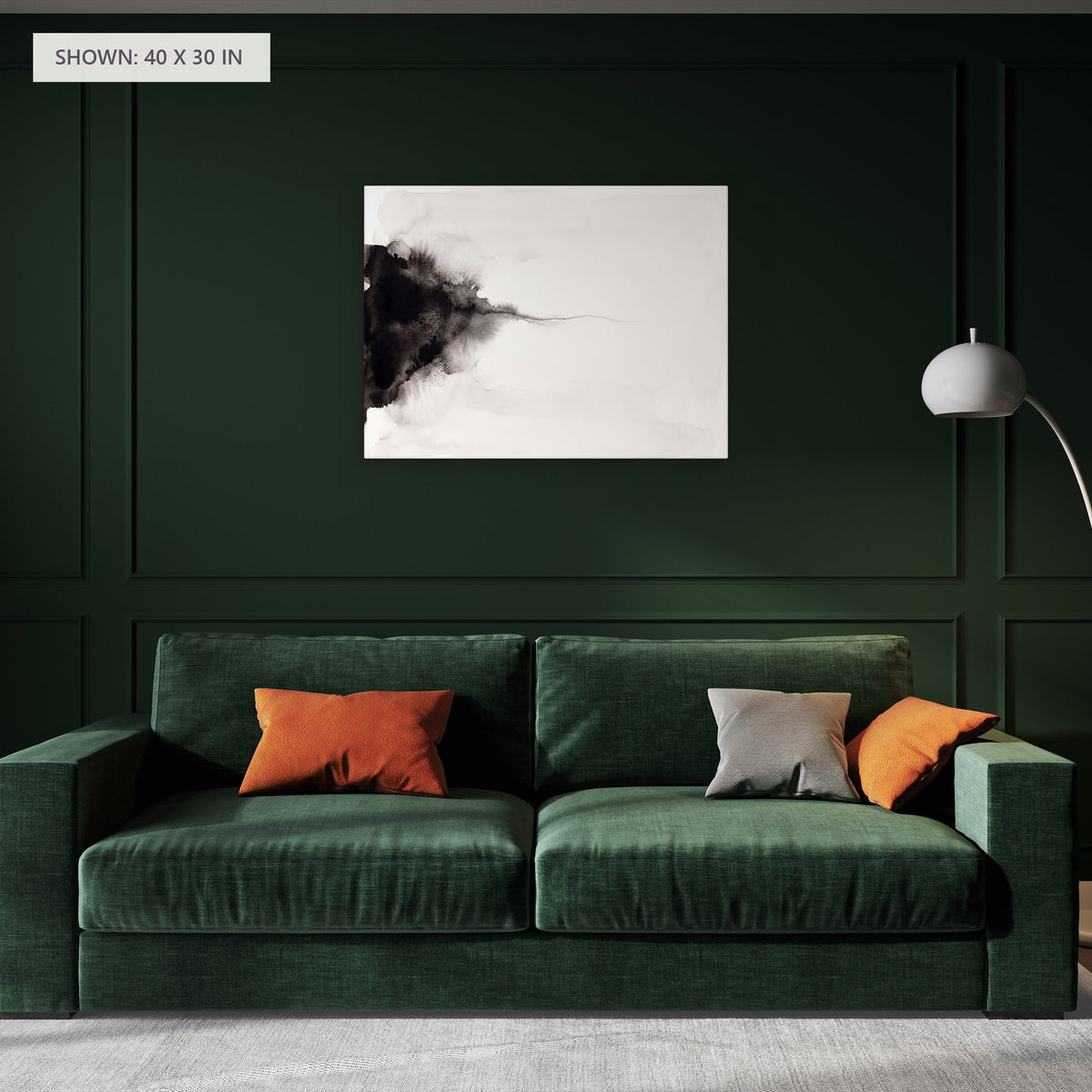 Monochrome Horizon canvas, 40 x 30 in, above a sofa; room setting for illustration