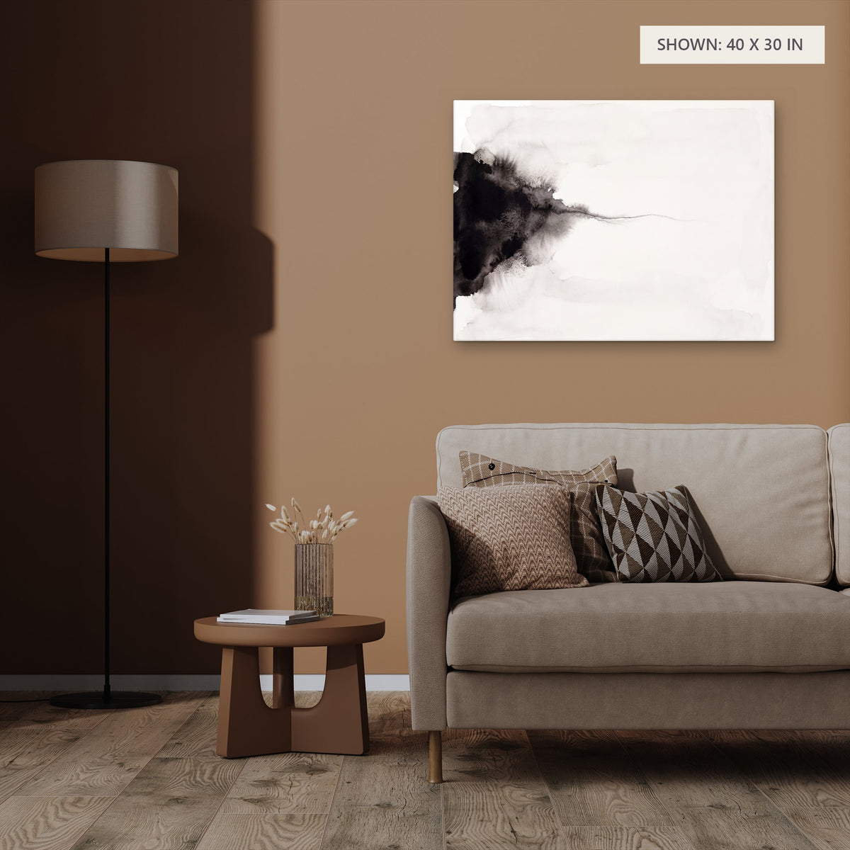 Monochrome Horizon canvas, 40 x 30 in, above an armchair; room setting for illustration
