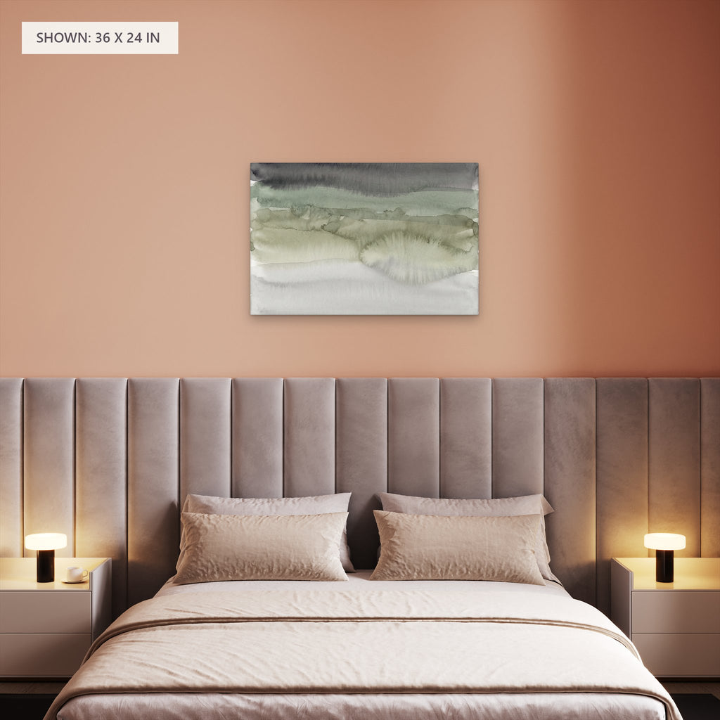 Moss and Mist canvas, 36 x 24 in, above a bed; room setting for illustration