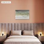Moss and Mist canvas, 36 x 24 in, above a bed; room setting for illustration