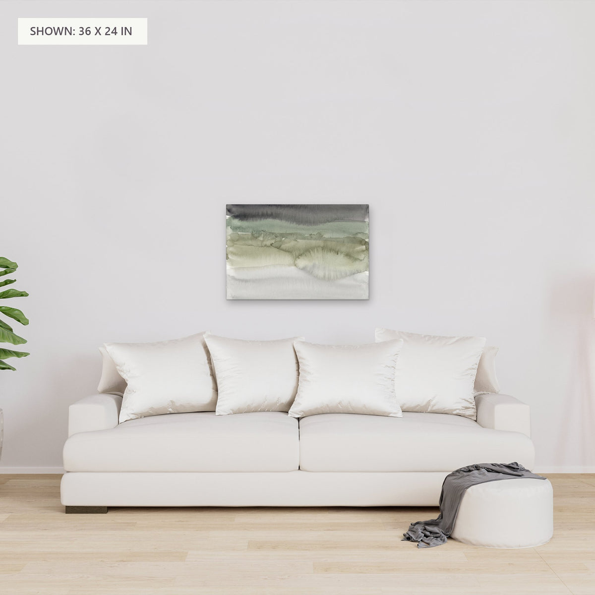 Moss and Mist canvas, 36 x 24 in, above a sofa; room setting for illustration