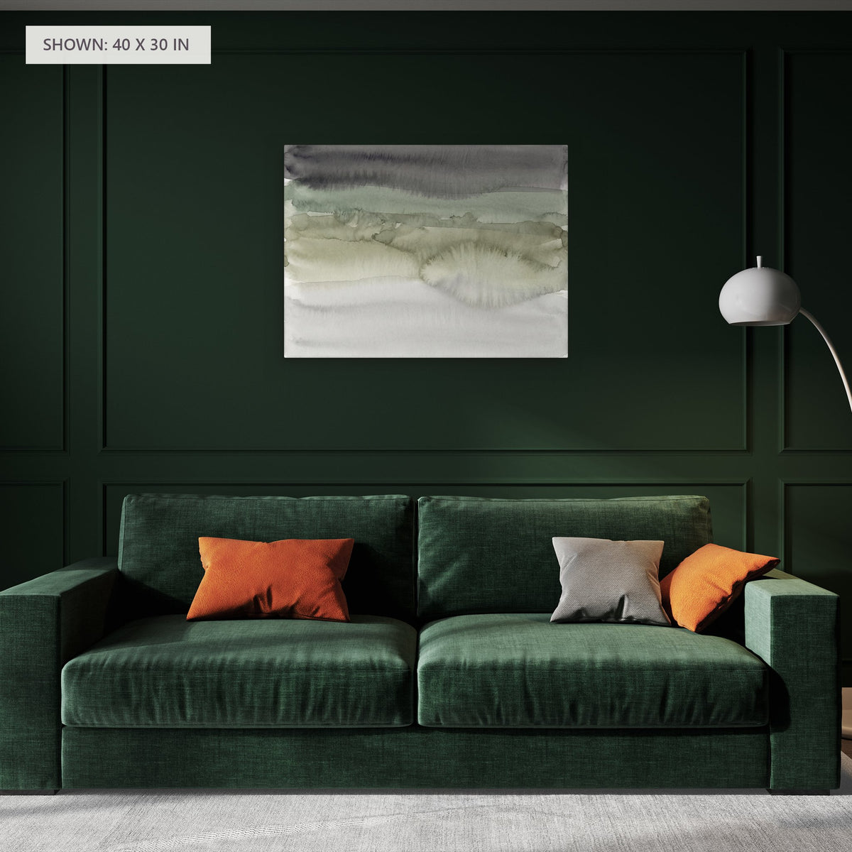 Moss and Mist canvas, 40 x 30 in, above a sofa; room setting for illustration