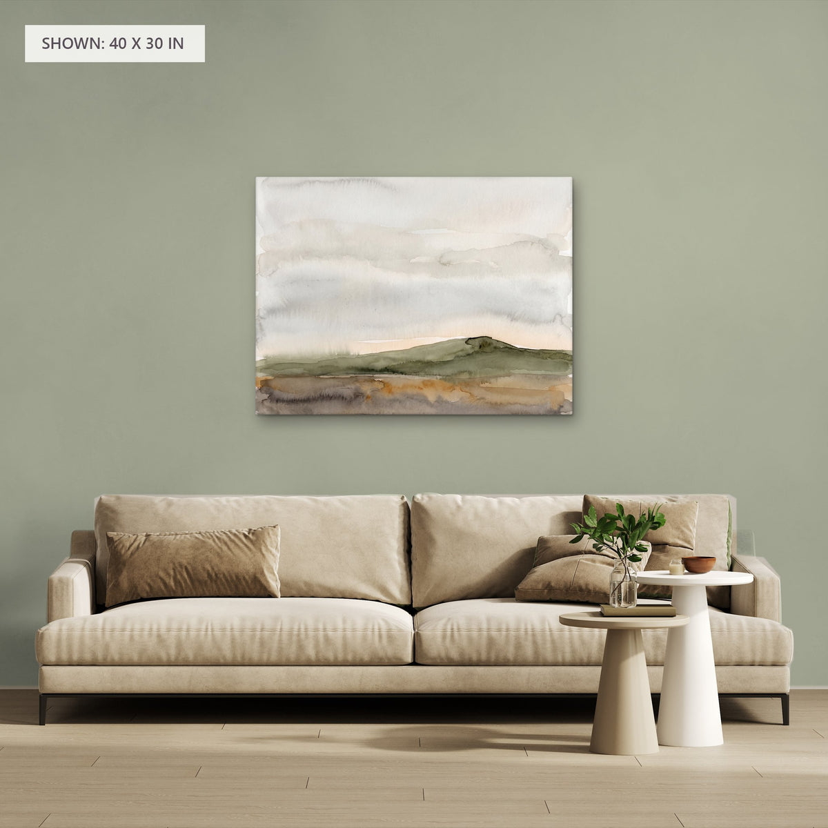 Olive Rise canvas, 40 x 30 in, above a sofa; room setting for illustration