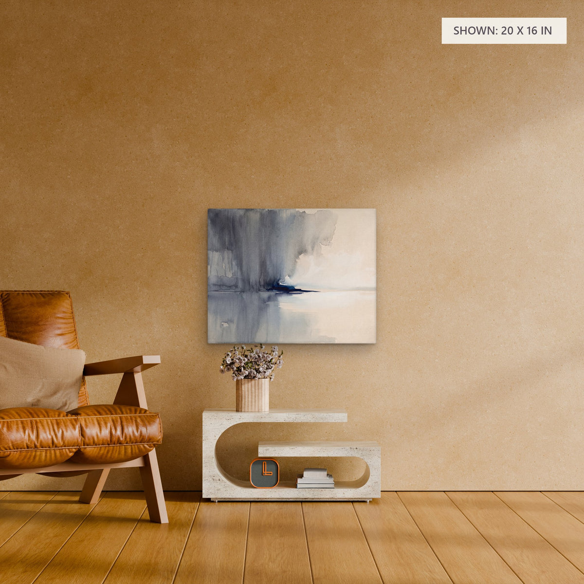 Rain Over Still Water canvas, 20 x 16 in, above an armchair; room setting for illustration