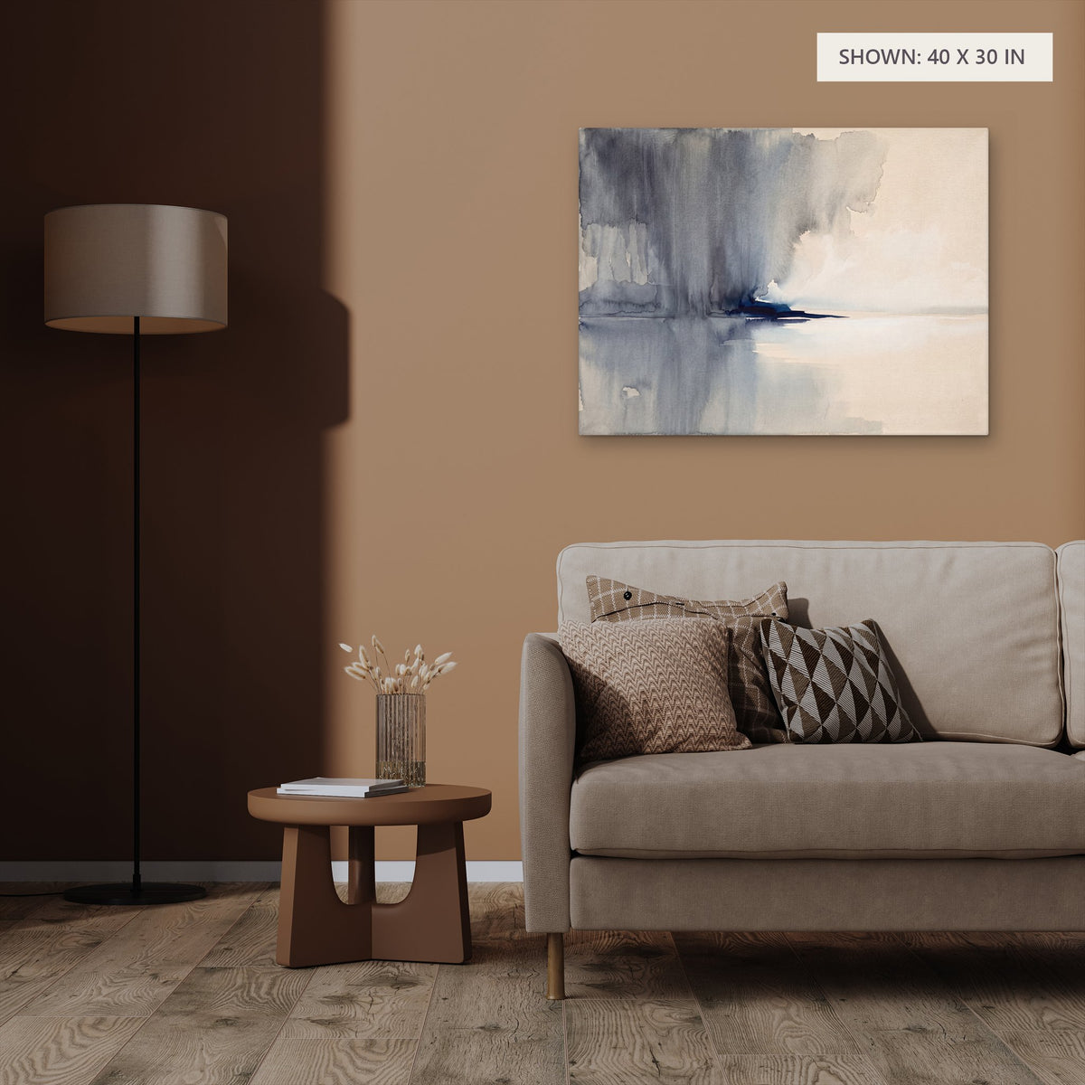 Rain Over Still Water canvas, 40 x 30 in, above an armchair; room setting for illustration