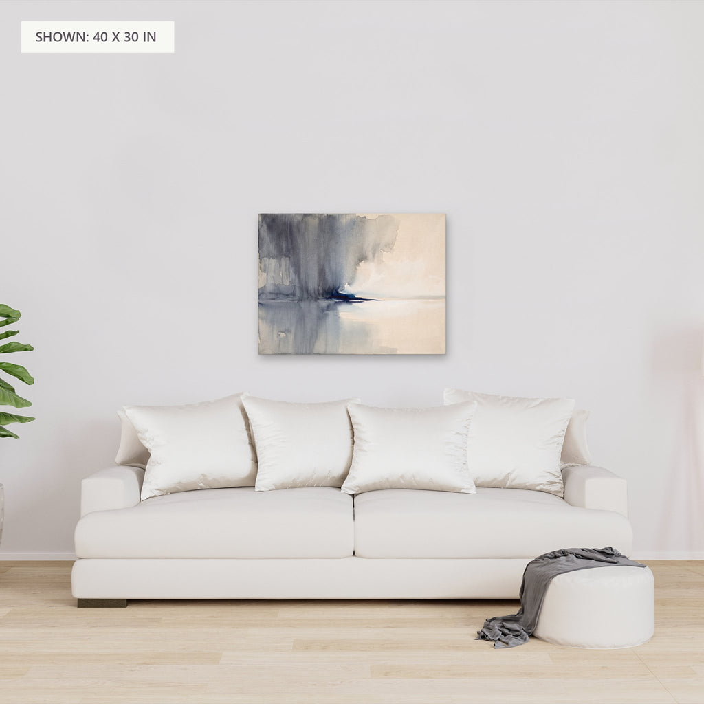 Rain Over Still Water canvas, 40 x 30 in, above a sofa; room setting for illustration