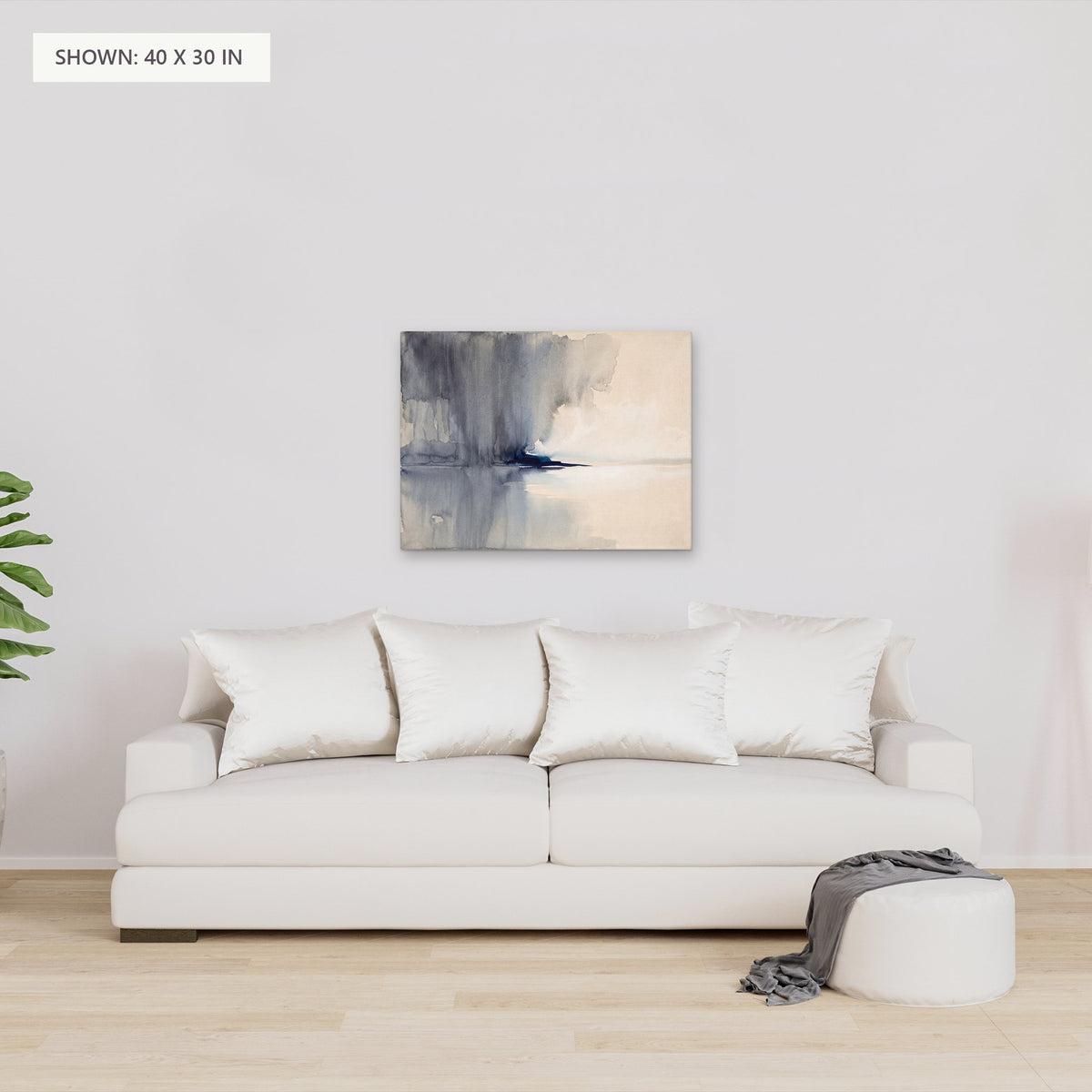 Rain Over Still Water canvas, 40 x 30 in, above a sofa; room setting for illustration