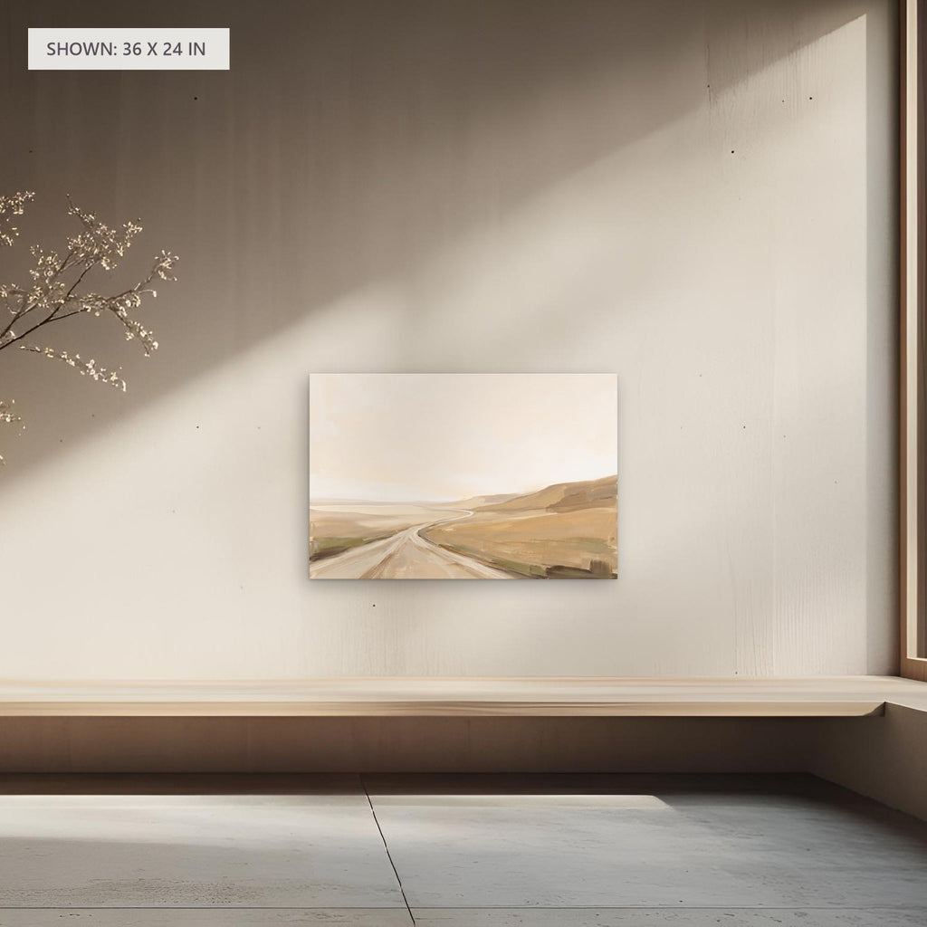 Rolling Fields Under a Pale Sky canvas, 36 x 24 in, above a bench; room setting for illustration