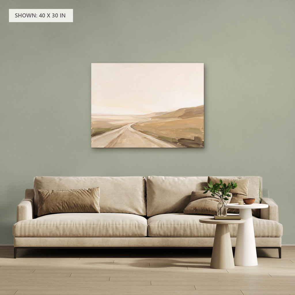 Rolling Fields Under a Pale Sky canvas, 40 x 30 in, above a sofa; room setting for illustration