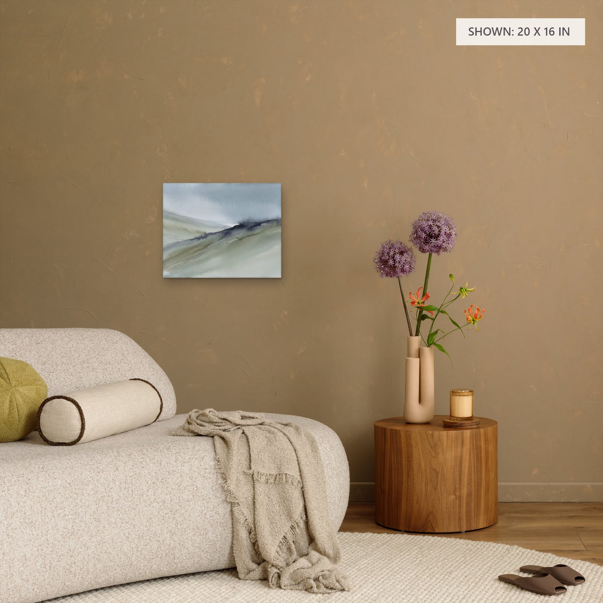 Sage Slopes canvas, 20 x 16 in, above a side table; room setting for illustration
