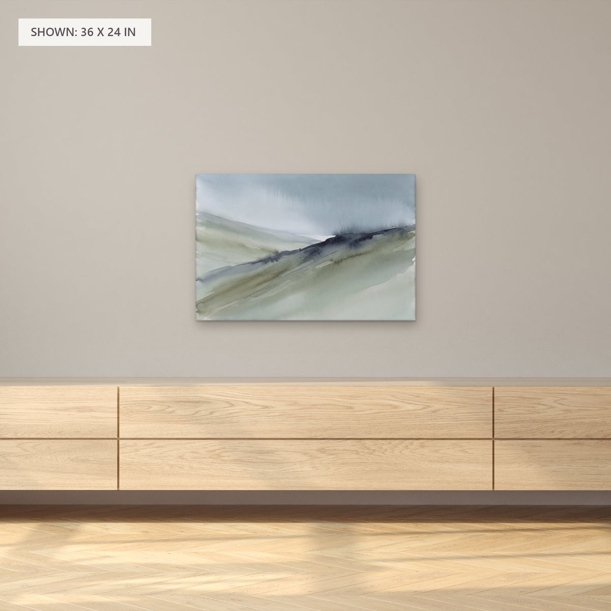Sage Slopes canvas, 36 x 24 in, above a sideboard; room setting for illustration