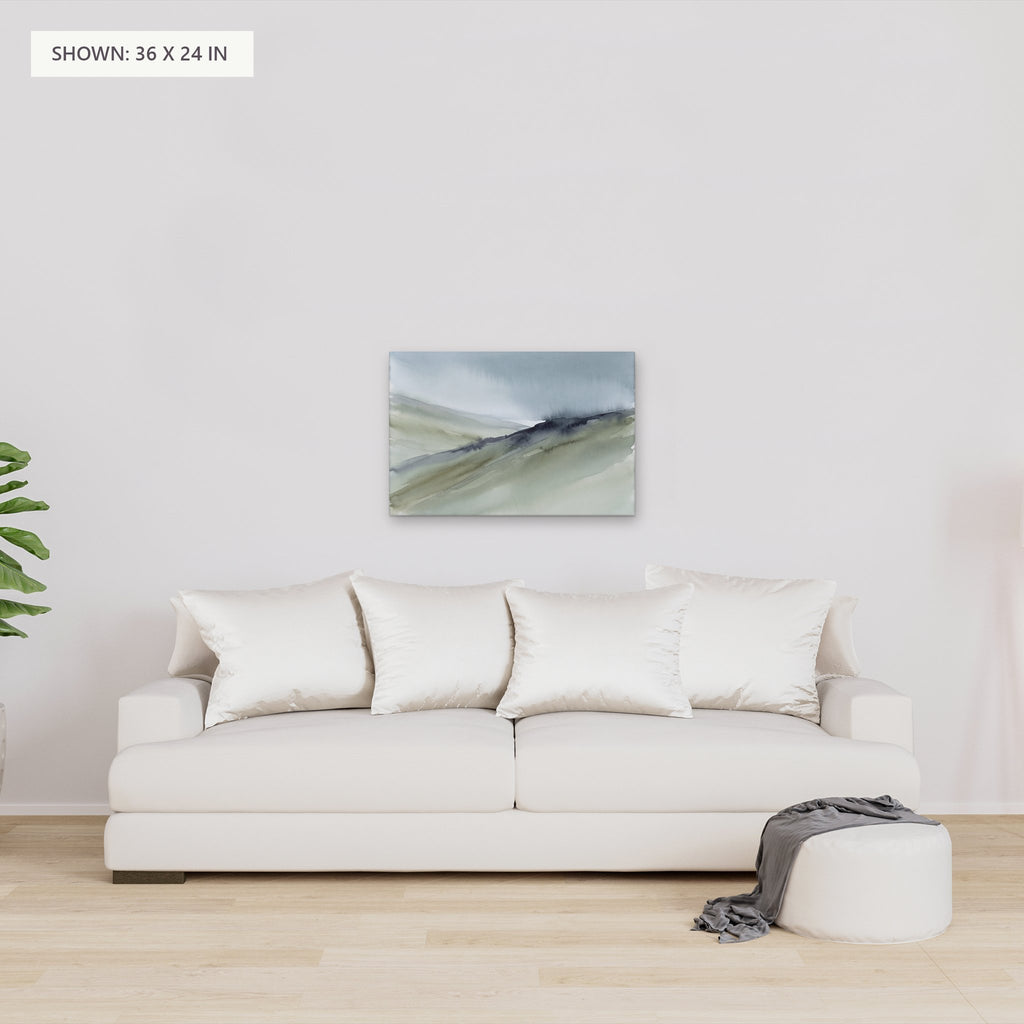 Sage Slopes canvas, 36 x 24 in, above a sofa; room setting for illustration
