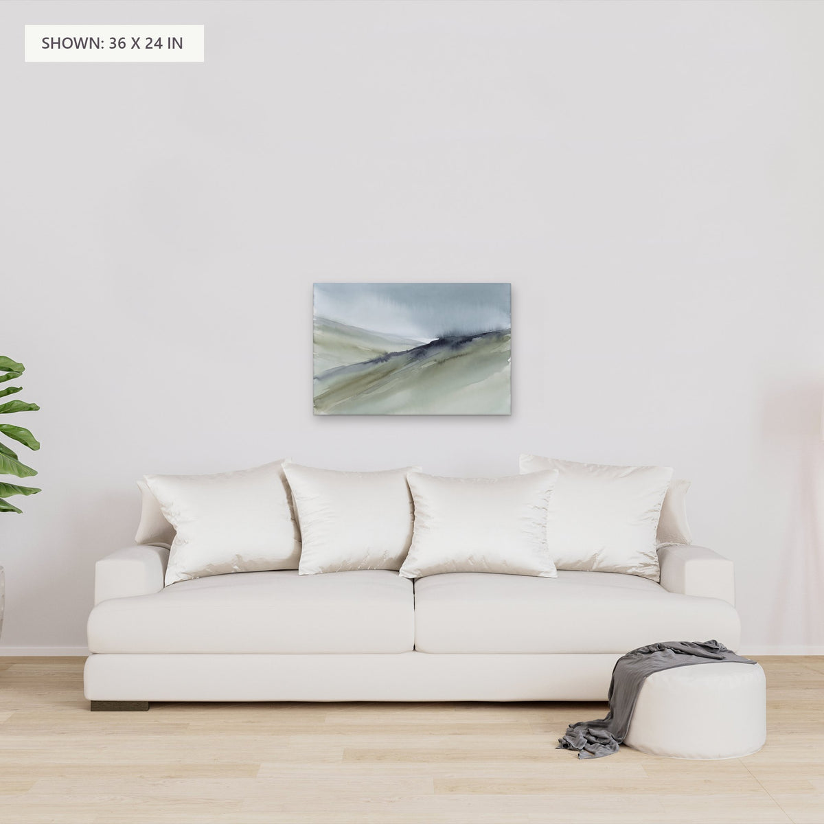 Sage Slopes canvas, 36 x 24 in, above a sofa; room setting for illustration