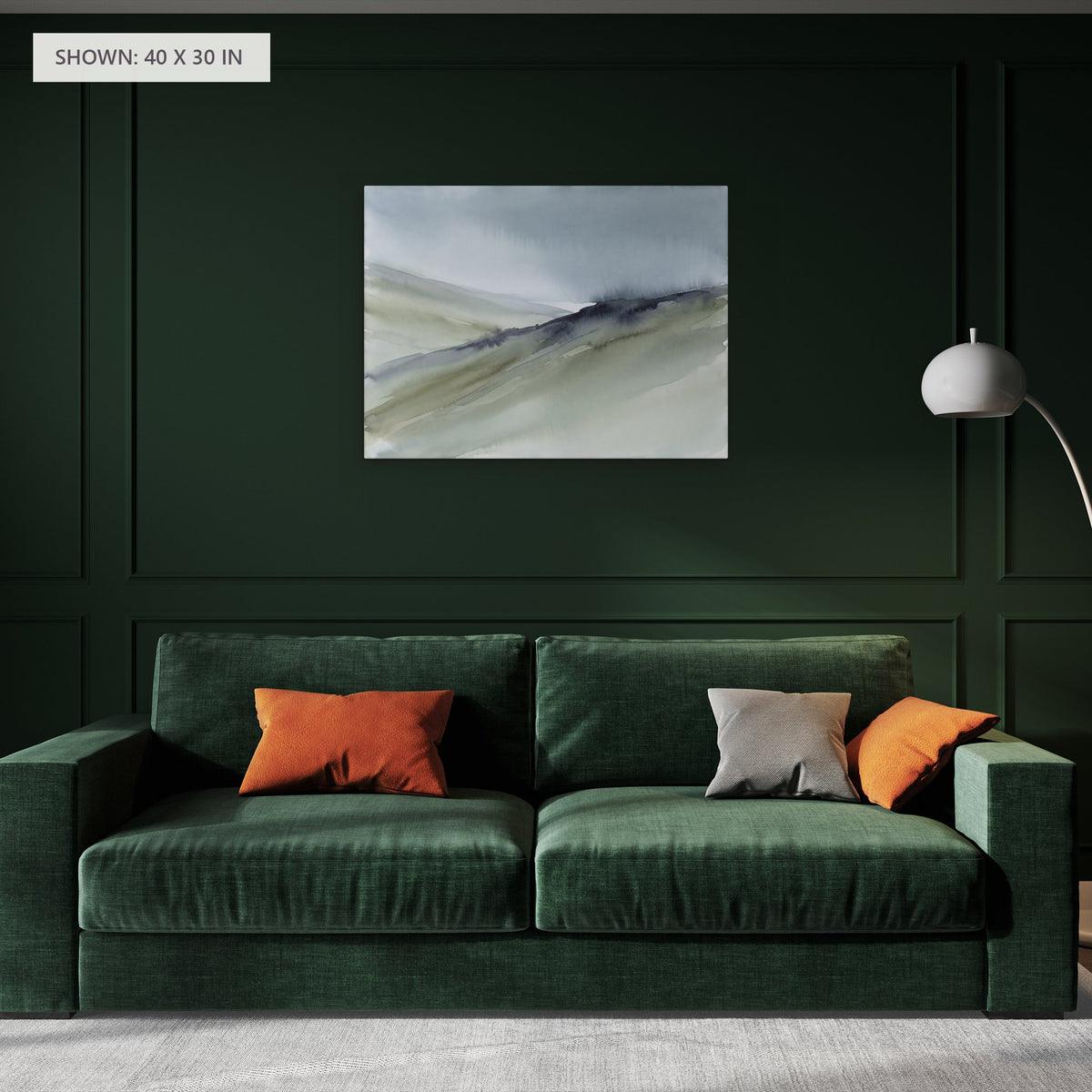 Sage Slopes canvas, 40 x 30 in, above a sofa; room setting for illustration