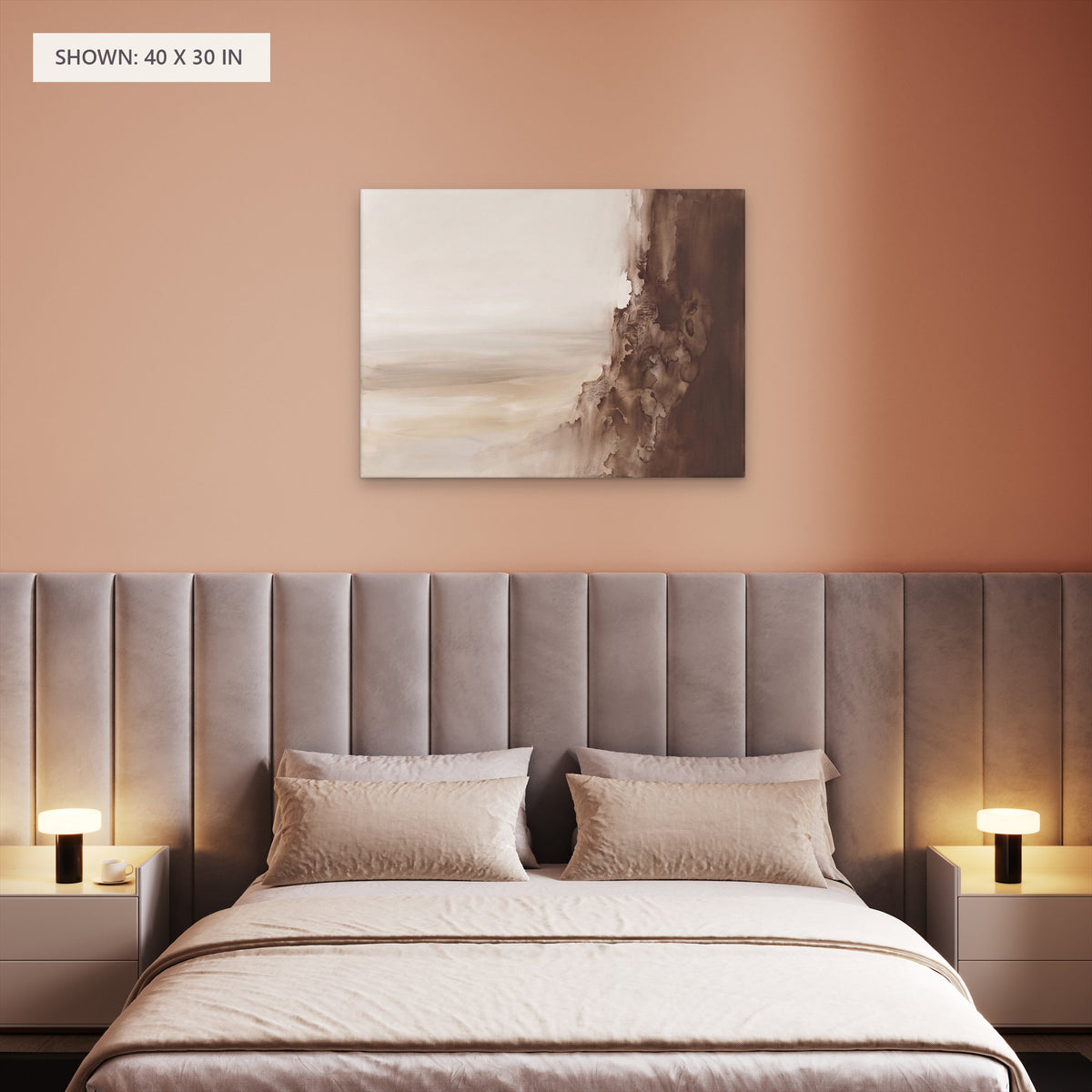 Strata and Silence canvas, 40 x 30 in, above a bed; room setting for illustration