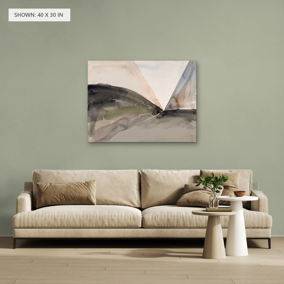 The Hidden Pass canvas, 40 x 30 in, above a sofa; room setting for illustration