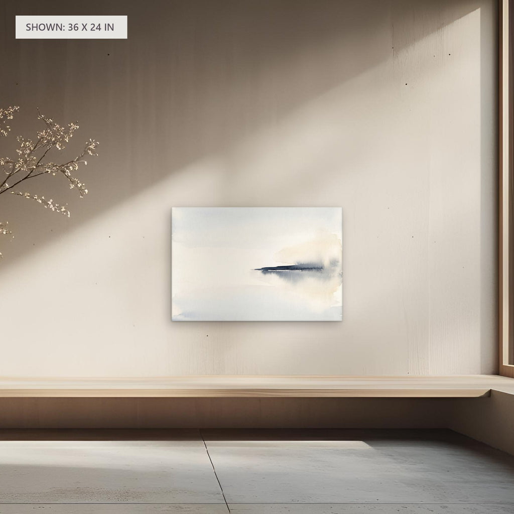 The Narrow Crossing canvas, 36 x 24 in, above a bench; room setting for illustration