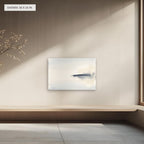 The Narrow Crossing canvas, 36 x 24 in, above a bench; room setting for illustration
