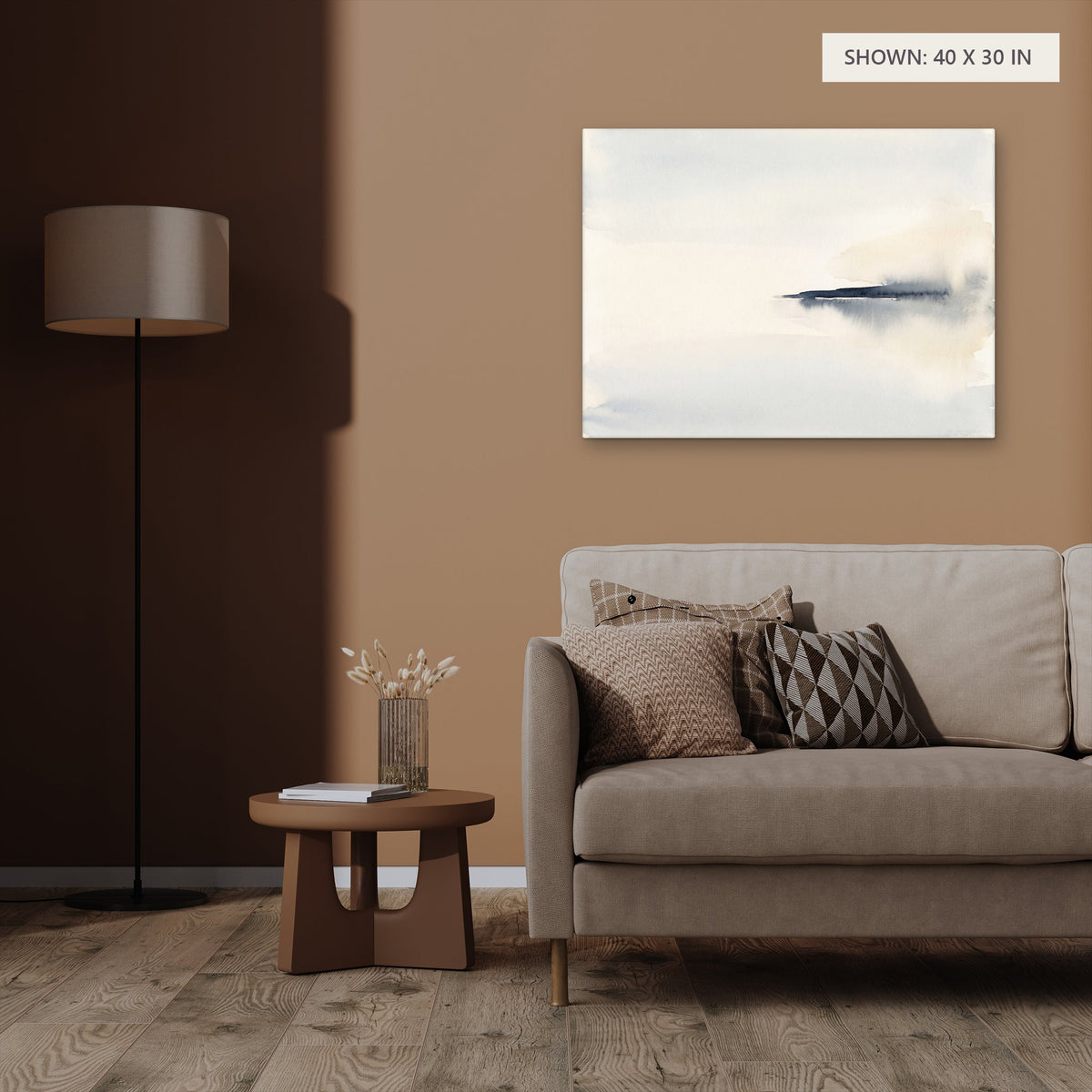 The Narrow Crossing canvas, 40 x 30 in, above an armchair; room setting for illustration