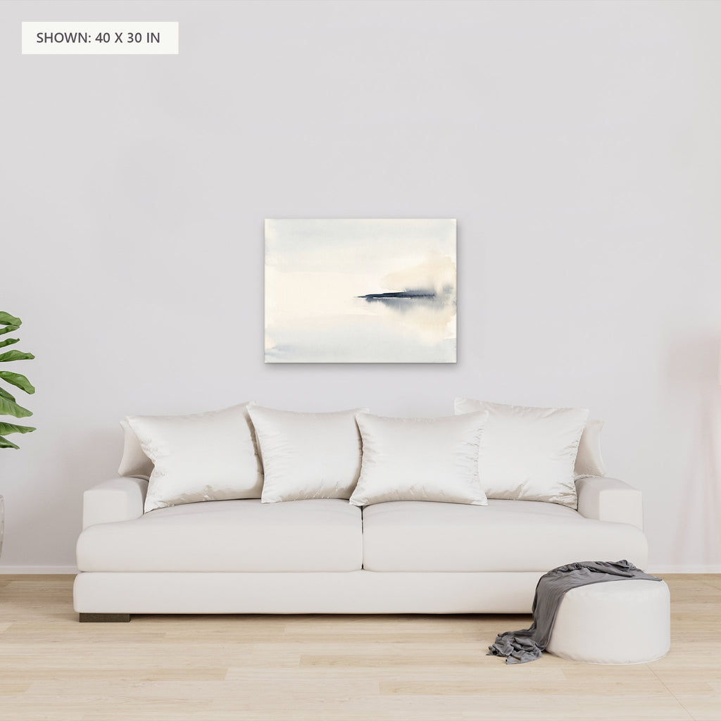 The Narrow Crossing canvas, 40 x 30 in, above a sofa; room setting for illustration