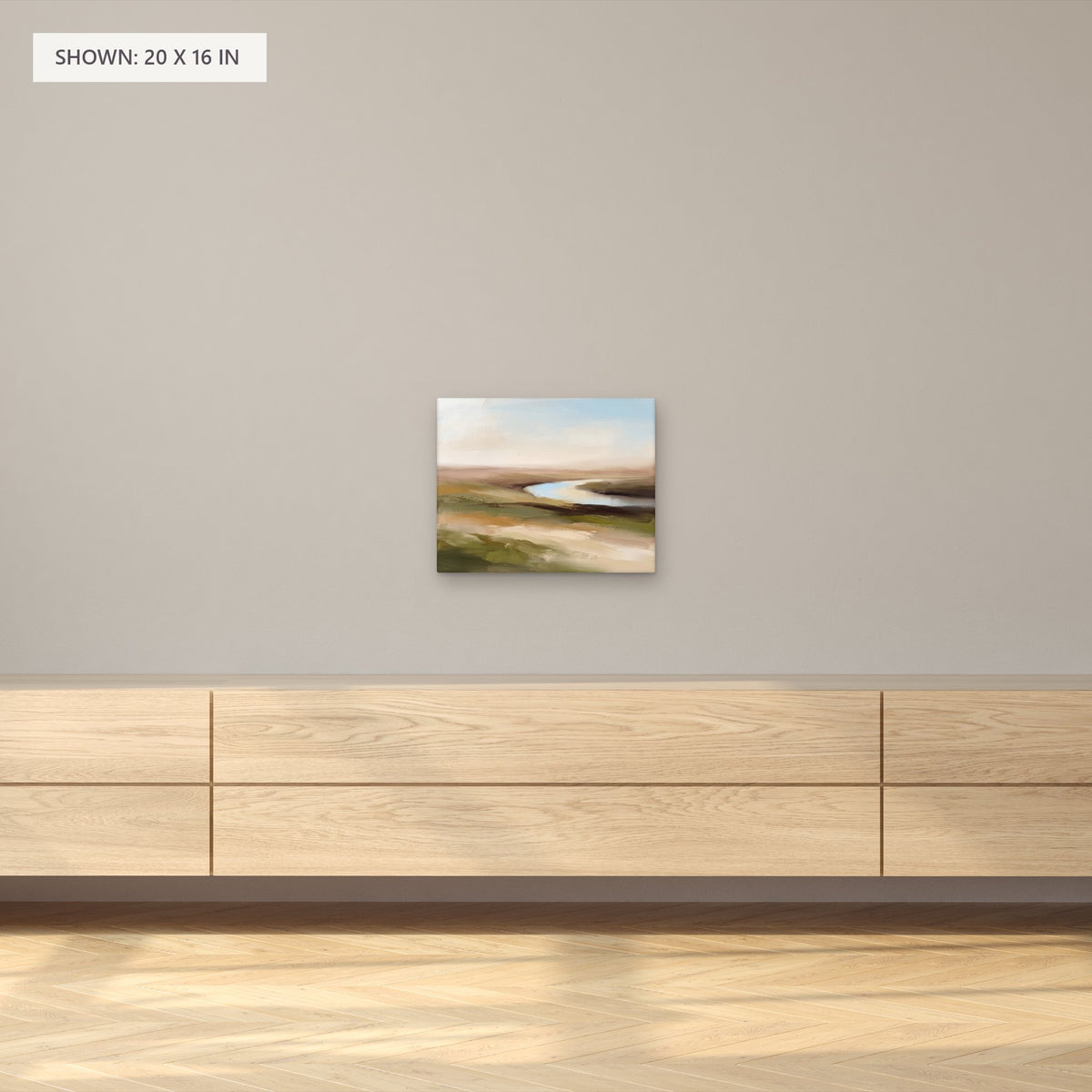 The River Bend canvas, 20 x 16 in, above a sideboard; room setting for illustration