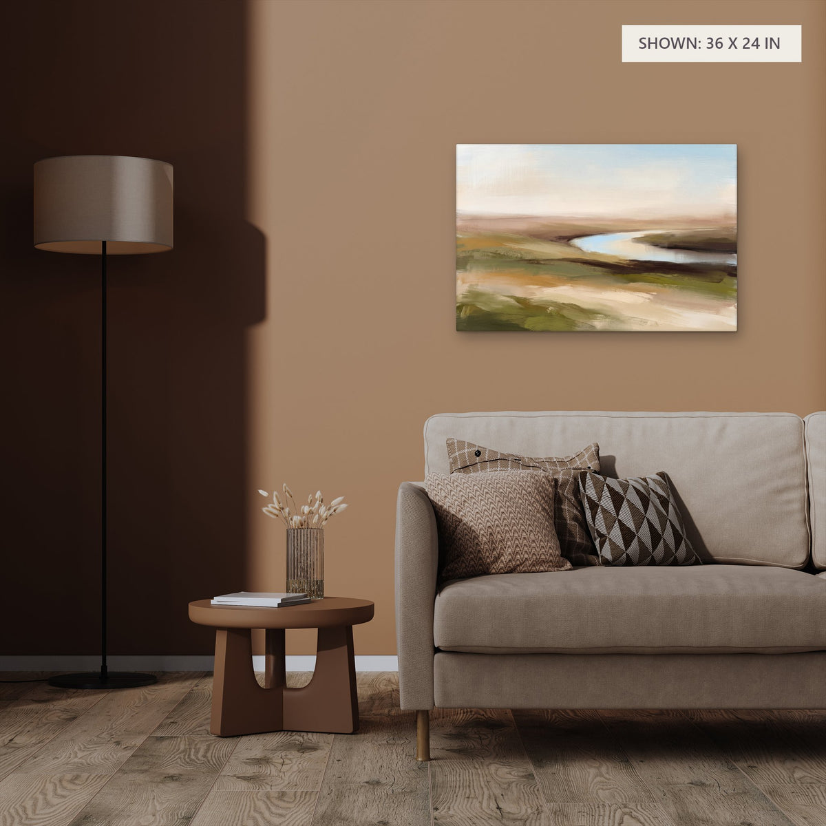 The River Bend canvas, 36 x 24 in, above an armchair; room setting for illustration