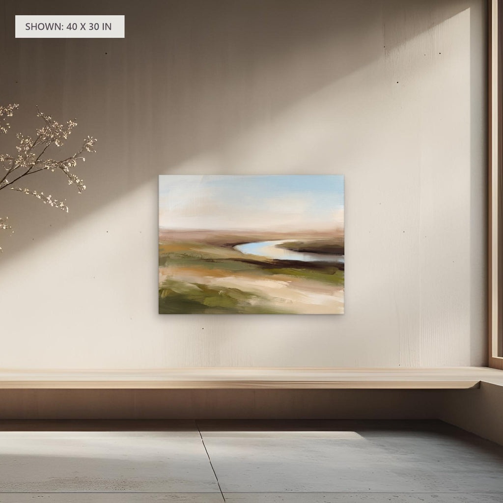 The River Bend canvas, 40 x 30 in, above a bench; room setting for illustration