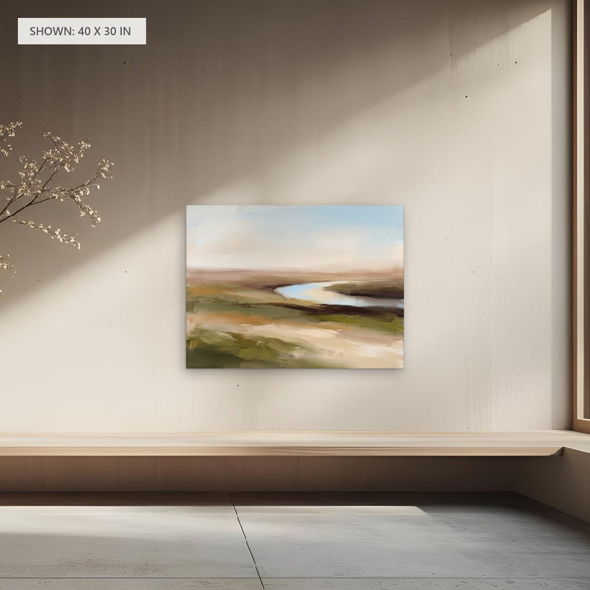 The River Bend canvas, 40 x 30 in, above a bench; room setting for illustration