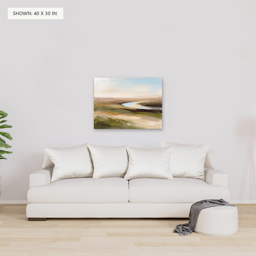 The River Bend canvas, 40 x 30 in, above a sofa; room setting for illustration